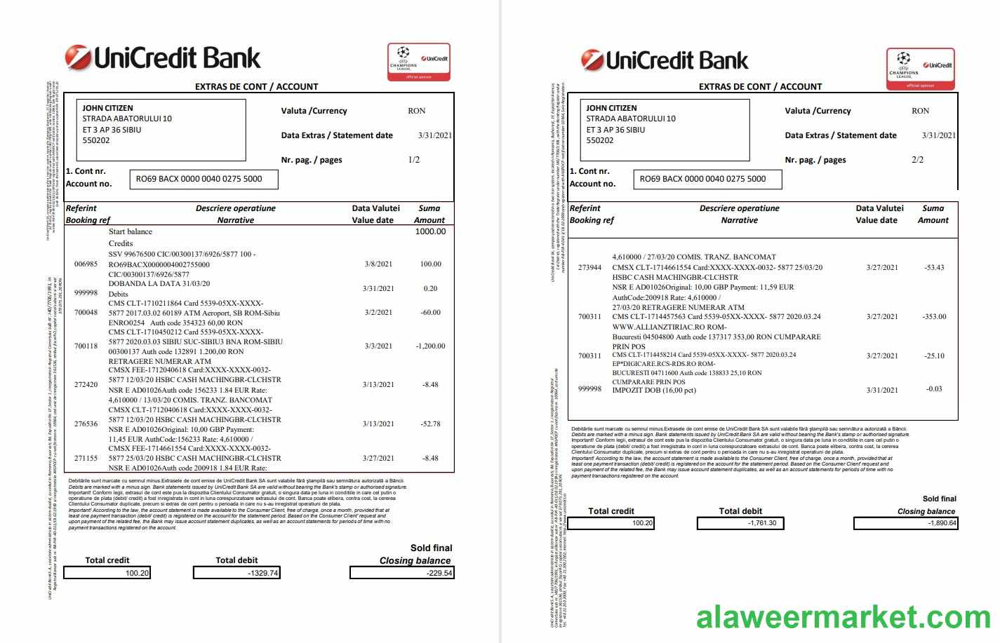 Romania UniCredit Bank 2 pages excel pdf